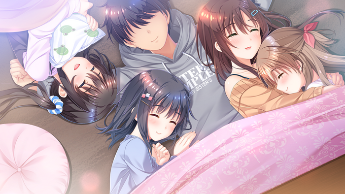 Anime characters sleeping together on a bed