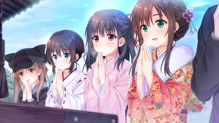 Anime girls in Japanese clothes praying