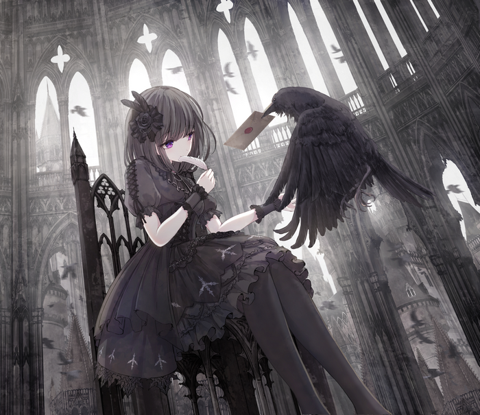 Gothic anime girl with crow delivering a letter