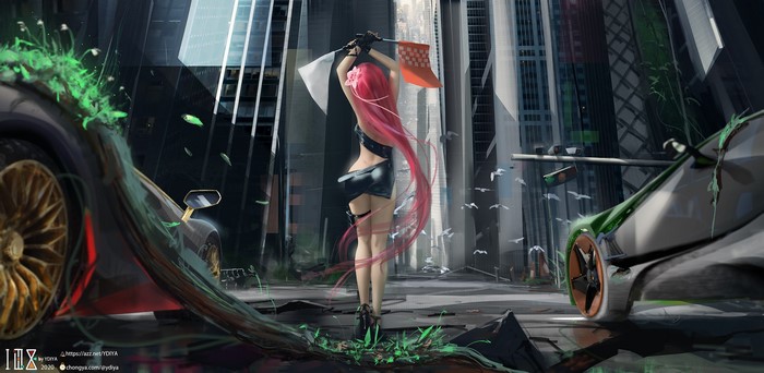 Redhead girl with flags in a ruined city