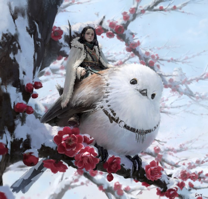 Woman riding a large bird in a snowy landscape with flowers