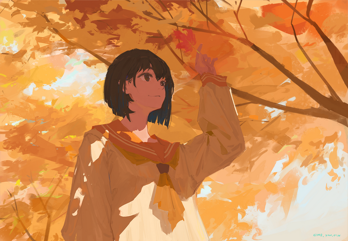 Anime girl in school uniform holding a maple leaf in autumn