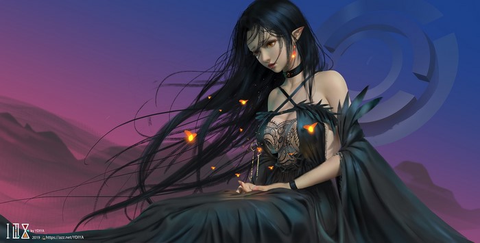 Anime girl with black hair and elf ears in a black dress