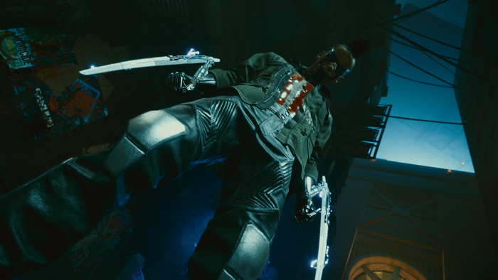 Cyberpunk 2077 character with cybernetic arm and blade