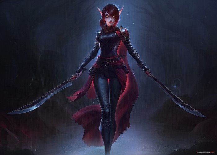 Elf woman with yellow eyes holding two swords in the rain