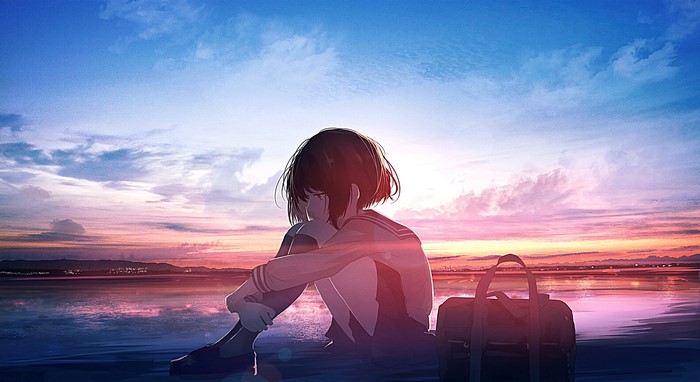 Anime girl in sailor uniform sitting by the water at sunset
