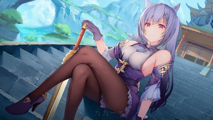 Keqing from Genshin Impact with a sword