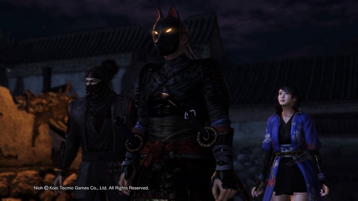 Nioh screenshot with masked warrior and companions