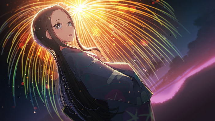 Girl in Kimono Watching Fireworks
