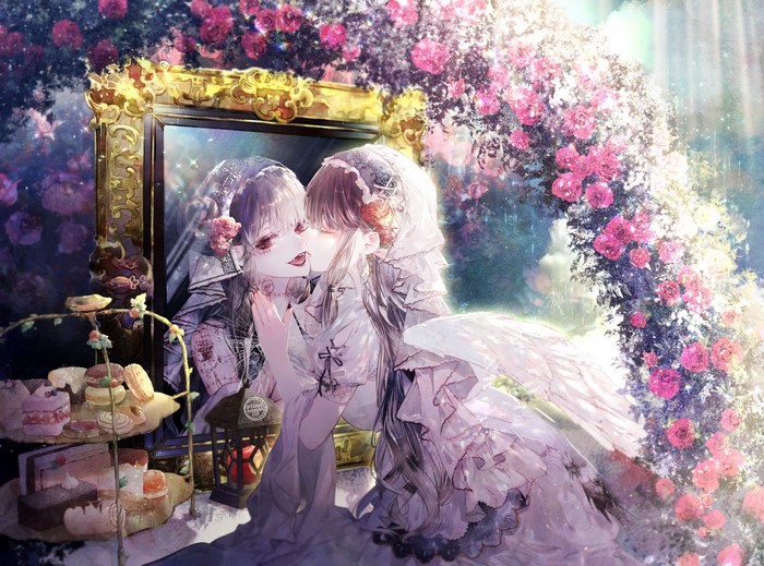 Anime girls with wings and horns in a garden