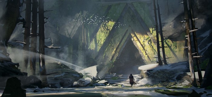 Fantasy ruins with a lone figure and birds