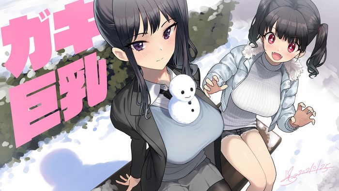Anime girls with snowman on a bench in snow