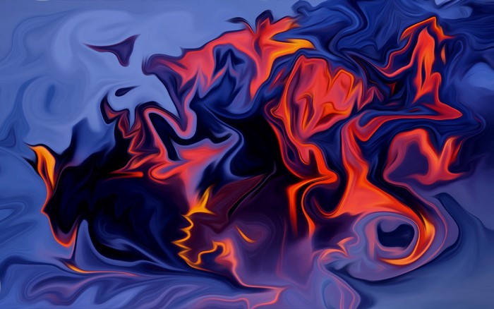 Abstract fluid art with blue, red, and yellow colors