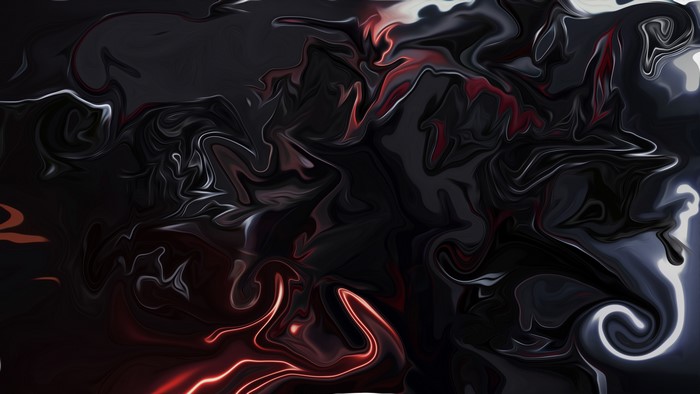Abstract dark fluid digital art with red and white gradients