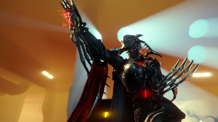 Garuda from Warframe in a dark setting