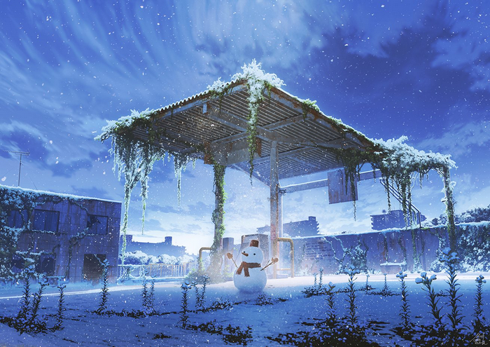 Anime winter scene with snowman at abandoned gas station