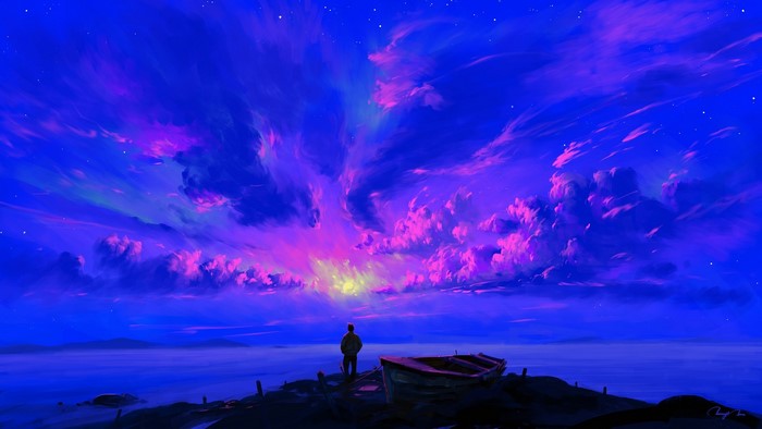 Man watching colorful clouds over the ocean with a boat