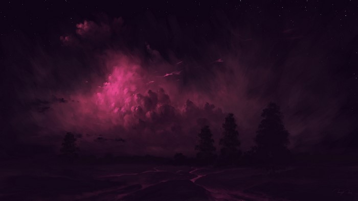 Digital art landscape with pink clouds at night
