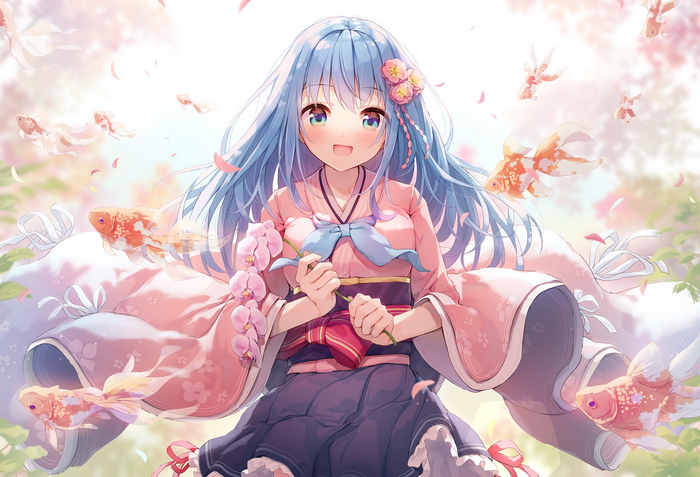 Anime girl with blue hair and goldfish