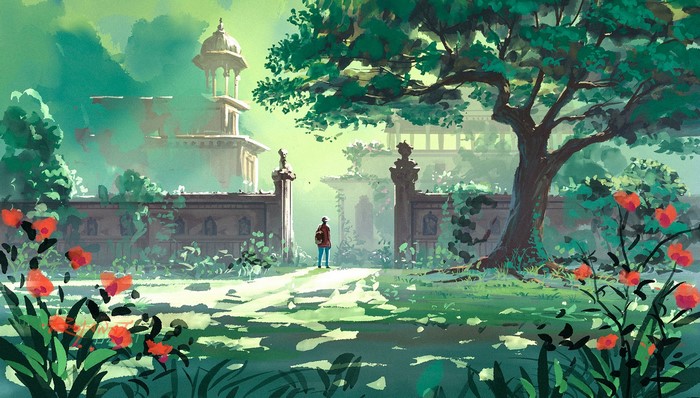 Digital painting of a person in a garden