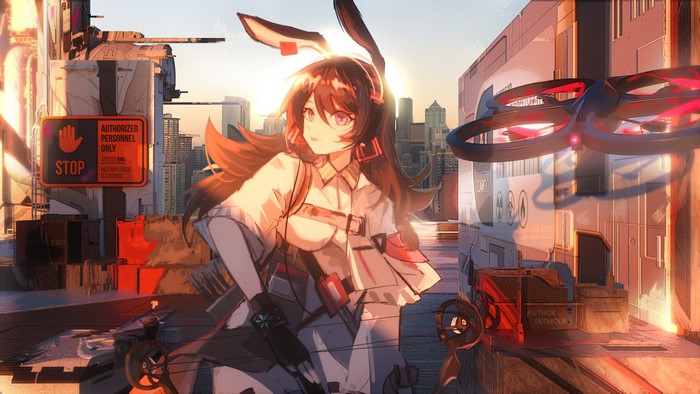 Arknights Seymour with Drone at Sunset