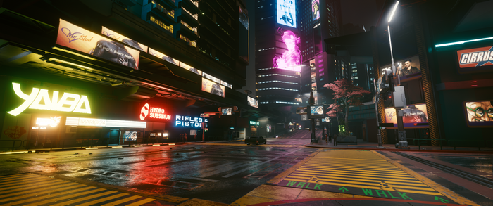 Cyberpunk 2077 Night City street with neon signs