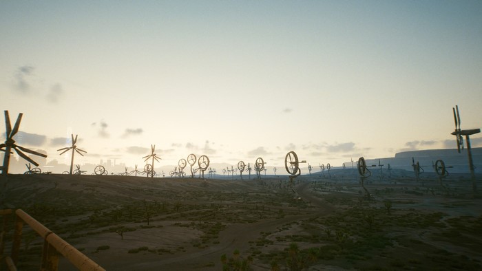 Cyberpunk 2077 screenshot of a wind farm