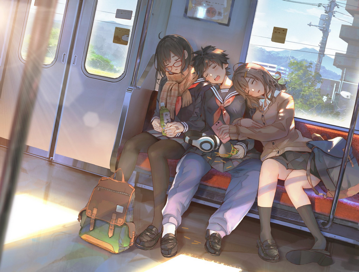 Anime characters sleeping on a train