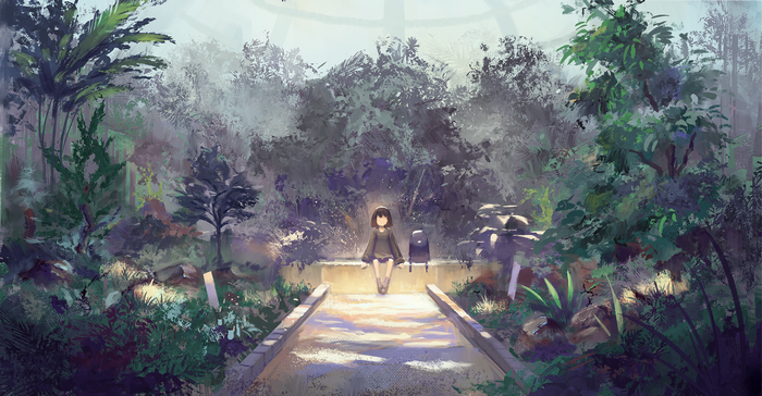Anime girl sitting in a greenhouse with a backpack