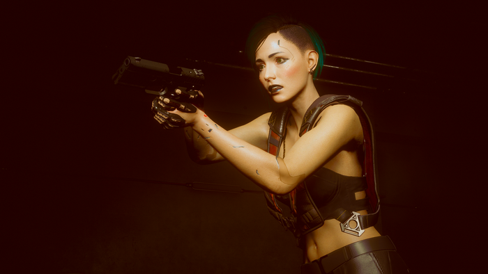 Female V from Cyberpunk 2077 holding a pistol
