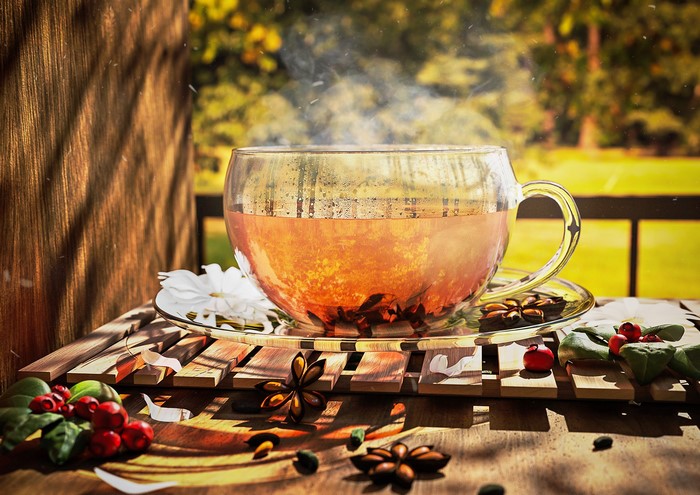 Cup of tea with star anise and berries