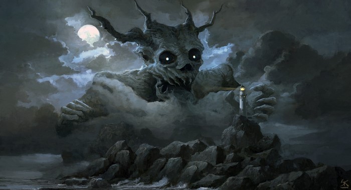 Creature holding a lighthouse in a cloudy night sky