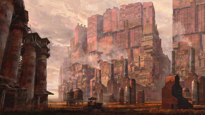 Futuristic industrial cityscape with towering buildings and smokestacks