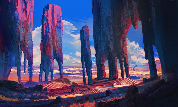 Fantasy landscape with towering rock pillars and clouds