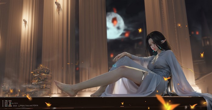 Fantasy girl with elf ears sitting by a window