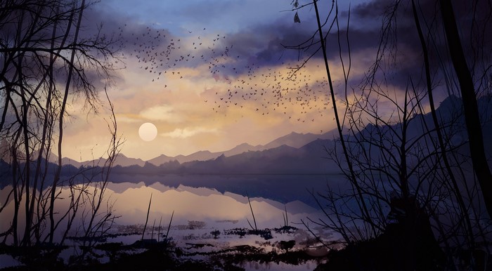 Digital artwork of a lake at sunset with birds flying