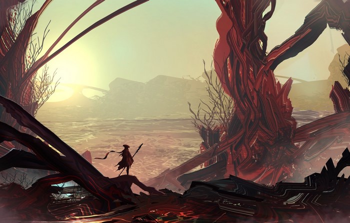 Fantasy landscape with a lone figure and strange trees