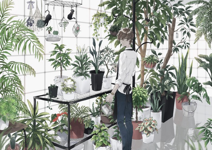 Anime boy watering plants in a greenhouse