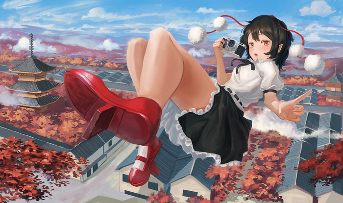 Aya Shameimaru from Touhou holding a camera in front of Asian architecture
