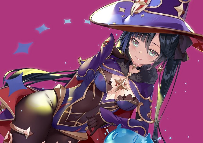 Mona from Genshin Impact with a blue slime