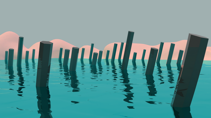 Abstract pillars in water with pink hills
