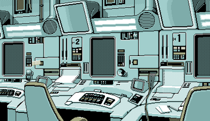 Pixel art of a spaceship control room with multiple computer stations