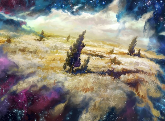 Fantasy landscape with trees and starry sky