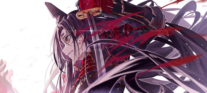 Ushiwakamaru from Fate Series with sword and blood