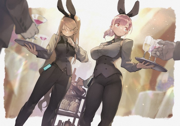 Anime waitresses with bunny ears serving drinks