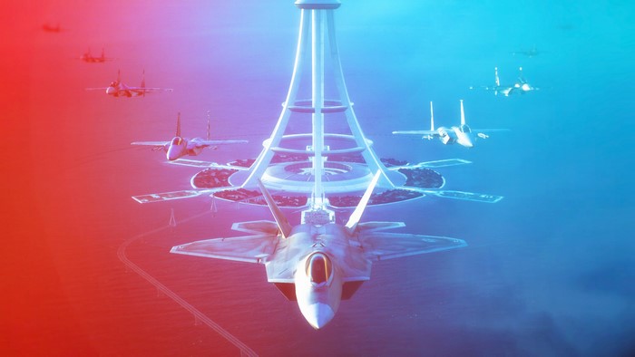 F-22 and F-15 fighter jets flying near a futuristic structure