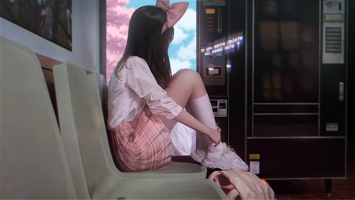 Anime girl with pink bow sitting by vending machine