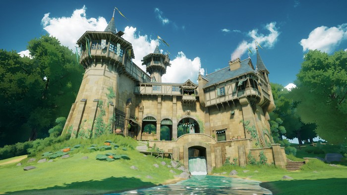 Fantasy castle with towers and flags in a forest