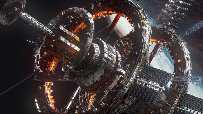 Futuristic space station with glowing orange lights