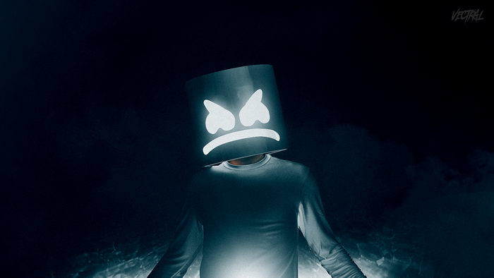 Marshmello with glowing mask in dark setting
